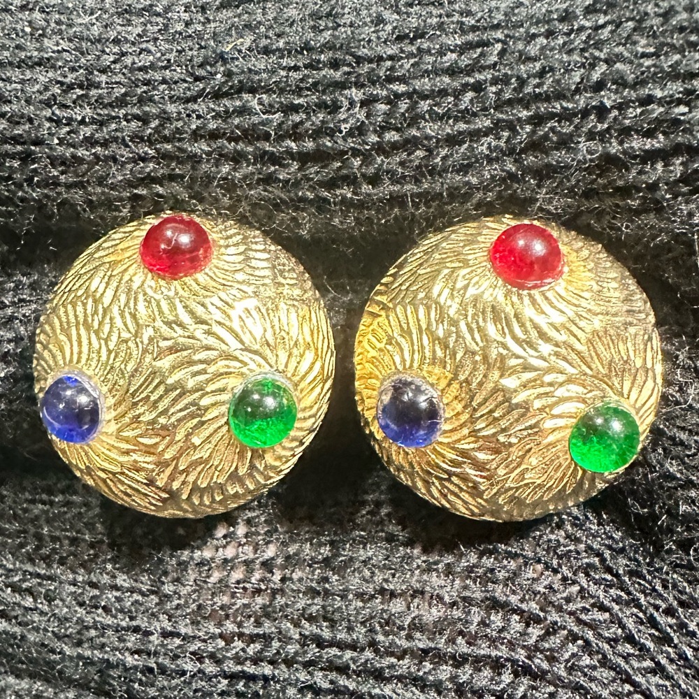 Vtg 1990’s Glass Multicolored Gripoix Etched Button Style Clip On Earrings